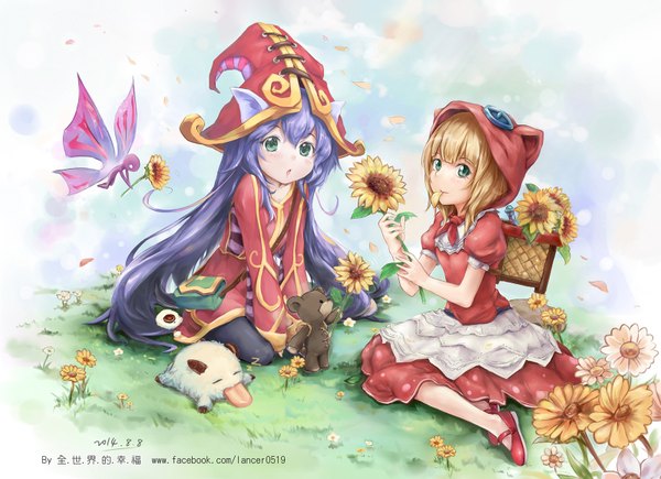 Anime picture 1600x1160 with league of legends lulu (league of legends) annie (league of legends) tibbers (league of legends) poro (league of legends) lancer0519 looking at viewer blush fringe short hair open mouth blonde hair multiple girls holding green eyes animal ears blue hair very long hair light smile mouth hold