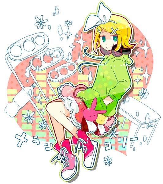 Anime picture 880x990 with vocaloid melancholic (vocaloid) kagamine rin 7:24 single tall image looking at viewer short hair blonde hair green eyes hands in pockets headphones around neck girl skirt hair ornament bow hair bow shoes headphones hood