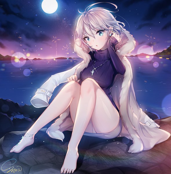 Anime picture 1000x1018 with idolmaster idolmaster cinderella girls anastasia (idolmaster) snow is single tall image looking at viewer fringe short hair breasts open mouth light erotic hair between eyes large breasts sitting signed payot silver hair cloud (clouds) ahoge