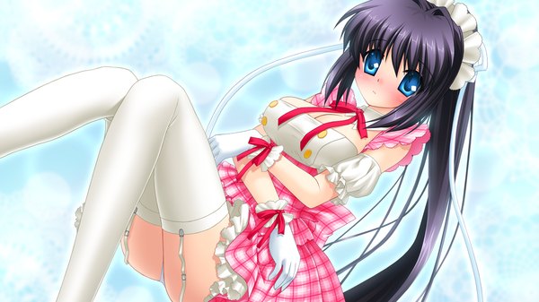 Anime picture 1280x720 with rewrite konohana lucia long hair blush black hair wide image game cg ponytail maid pantyshot sitting girl thighhighs white thighhighs