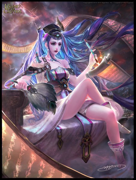 Anime picture 1000x1317 with legend of the cryptids yu-han single tall image blue eyes bare shoulders blue hair very long hair lips legs facial mark girl dress earrings