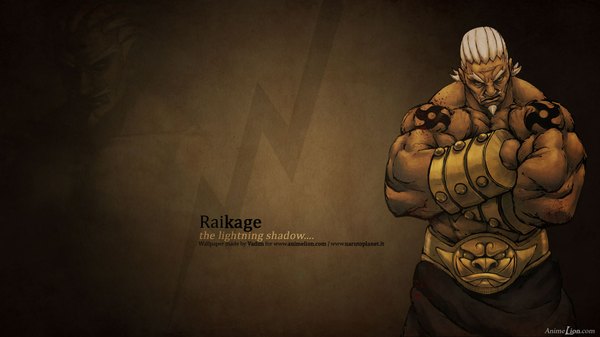 Anime picture 1920x1080 with naruto studio pierrot naruto (series) raikage single looking at viewer highres short hair wide image signed white hair black eyes inscription tattoo crossed arms muscle angry boy bracelet belt
