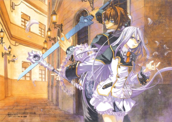 Anime picture 2816x2000 with chrome shelled regios felli loss layfon alseif miyuu looking at viewer fringe highres blue eyes hair between eyes brown hair purple eyes holding payot looking away silver hair ahoge outdoors very long hair official art fighting stance