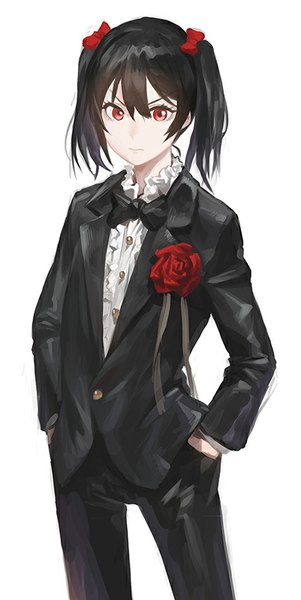 Anime picture 402x800 with love live! school idol project sunrise (studio) love live! yazawa nico modare single tall image looking at viewer short hair black hair simple background red eyes white background twintails short twintails hands in pockets girl flower (flowers) bowtie rose (roses)