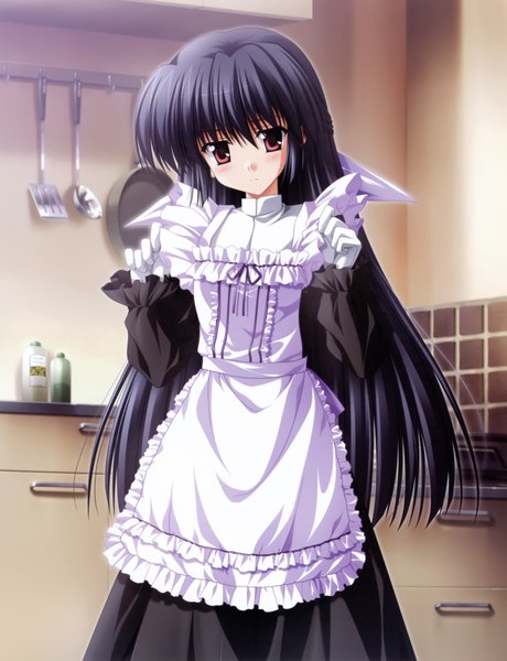 Anime picture 2676x3485 with ef a fairy tale of the two amamiya yuuko nanao naru single long hair tall image highres black hair red eyes maid girl gloves uniform white gloves apron kitchen ladle frying pan spatula