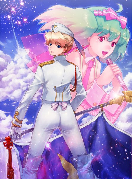 Anime picture 741x1000 with macross macross frontier macross frontier: sayonara no tsubasa sheryl nome ranka lee boyaking(sbf) tall image looking at viewer short hair open mouth blue eyes blonde hair smile red eyes twintails multiple girls sky cloud (clouds) ahoge green hair