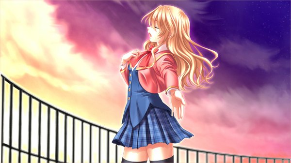 Anime picture 1280x720 with morobito kozorite (game) long hair open mouth blonde hair wide image game cg eyes closed evening sunset girl serafuku