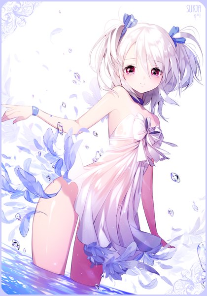 Anime picture 700x1000 with original sorolp single tall image looking at viewer short hair light erotic red eyes white background twintails bare shoulders white hair short twintails girl dress bow hair bow water feather (feathers) sundress