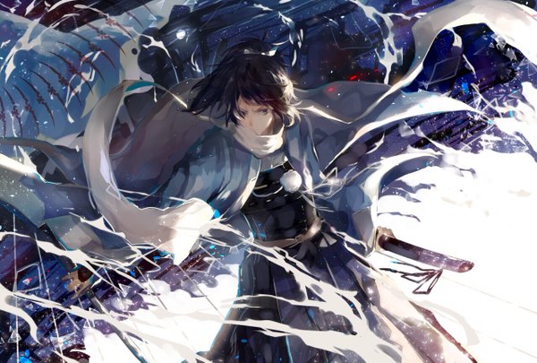 Anime picture 1280x865 with touken ranbu nitroplus yamato no kami yasusada tsugutoku single fringe short hair black hair looking away ponytail traditional clothes japanese clothes from above black eyes fighting stance shinsengumi boy weapon sword katana