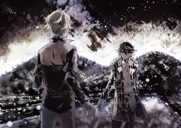 Anime picture 1128x800 with shiki yuuki natsuno mutou tohru short hair black hair blonde hair red eyes sky from behind multiple boys back monochrome boy fur 2 boys cloak