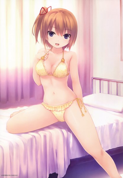 Anime picture 2636x3800 with melonbooks coffee-kizoku single tall image highres short hair open mouth light erotic purple eyes scan orange hair official art one side up girl navel swimsuit bikini bed
