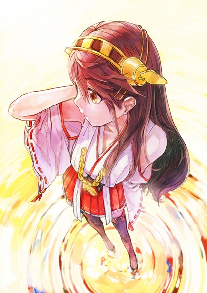 Anime picture 800x1132 with kantai collection haruna battleship wattaro single long hair tall image brown hair brown eyes looking away profile from above hand on head yellow background girl thighhighs hair ornament black thighhighs water