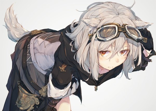 Anime picture 1100x786 with final fantasy final fantasy xiv square enix amoranorem single blush fringe short hair simple background hair between eyes brown eyes animal ears payot looking away ahoge tail animal tail arm up grey hair grey background