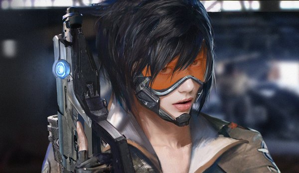 Anime picture 1800x1042 with overwatch blizzard entertainment tracer (overwatch) bruce zhang single looking at viewer fringe highres short hair open mouth black hair wide image holding lips realistic girl weapon jacket gun goggles