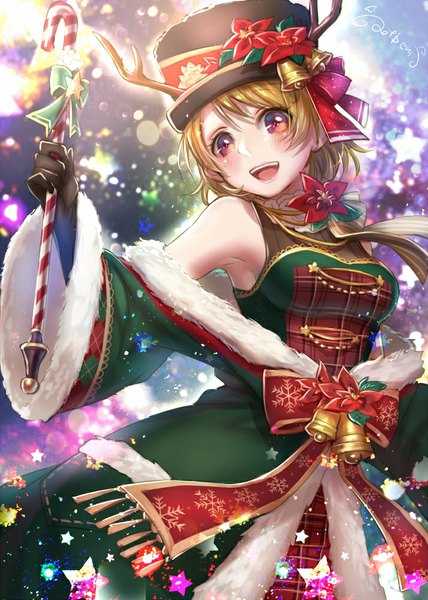 Anime picture 714x1000 with love live! school idol project sunrise (studio) love live! koizumi hanayo ao+beni single tall image blush fringe short hair open mouth blonde hair purple eyes bare shoulders holding signed looking away horn (horns) wide sleeves christmas