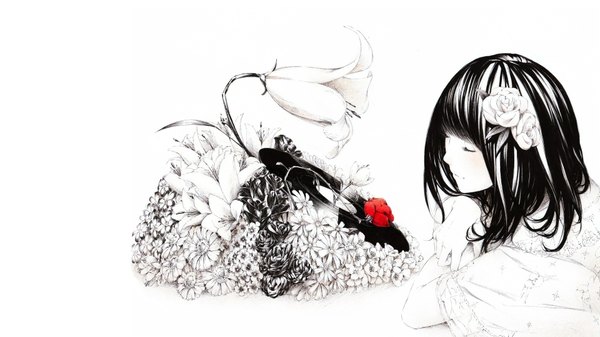 Anime picture 1920x1080 with original sousou (sousouworks) single long hair highres black hair simple background smile wide image white background eyes closed hair flower crossed arms girl hair ornament flower (flowers) gramophone record
