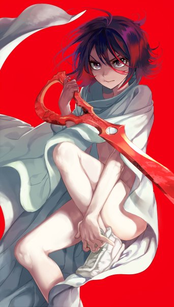 Anime picture 1500x2625 with kill la kill studio trigger matoi ryuuko isaki uta single tall image looking at viewer short hair light erotic black hair simple background sitting purple eyes red hair multicolored hair two-tone hair streaked hair no panties red background girl