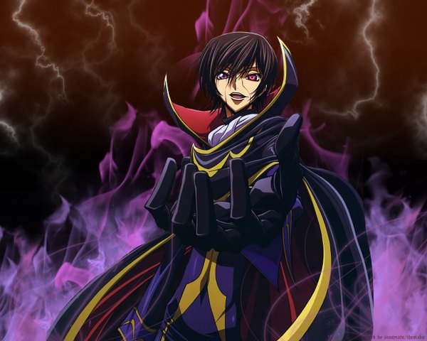 Anime picture 1280x1024 with code geass sunrise (studio) lelouch lamperouge single short hair open mouth black hair purple eyes glowing boy gloves elbow gloves blood cloak suit