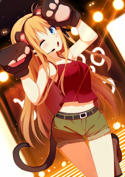 Anime picture 800x1131 with original riki-to single long hair tall image blush open mouth blue eyes blonde hair tail animal tail one eye closed wink girl shorts microphone