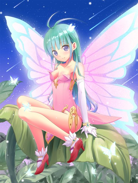 Anime picture 1134x1500 with original akkijin long hair tall image blush purple eyes ahoge green hair night insect wings butterfly wings fairy girl gloves elbow gloves insect butterfly