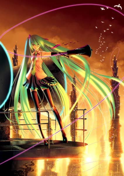 Anime picture 1132x1600 with vocaloid hatsune miku yonasawa (artist) single tall image red eyes sky cloud (clouds) very long hair aqua hair girl thighhighs skirt ribbon (ribbons) detached sleeves animal necktie bird (birds) wire (wires) tower