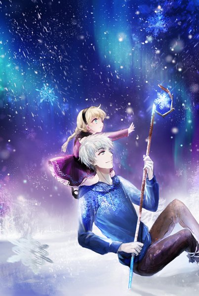 Anime picture 800x1191 with frozen (disney) rise of the guardians disney dreamworks elsa (frozen) jack frost (rise of the guardians) juexing (moemoe3345) long hair tall image fringe blonde hair smile sitting holding braid (braids) grey hair single braid glowing snowing winter