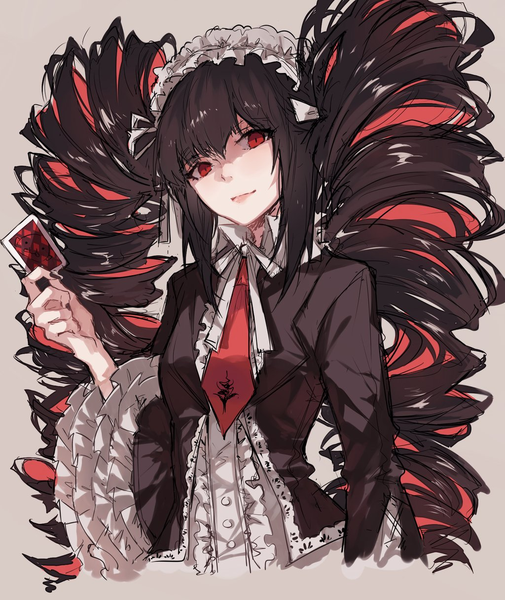 Anime picture 1024x1216 with dangan ronpa celestia ludenberg kane (kanekiru) single long hair tall image looking at viewer fringe black hair simple background red eyes twintails holding payot upper body red hair nail polish head tilt multicolored hair fingernails