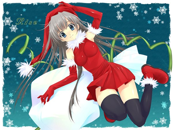 Anime picture 1024x768 with original touto seiro single long hair silver hair bent knee (knees) dutch angle zettai ryouiki fur trim christmas thighhighs gloves hat elbow gloves fur santa claus hat snowflake (snowflakes) fur collar santa claus costume