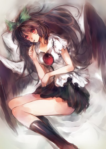 Anime picture 1003x1416 with touhou reiuji utsuho nokishita single long hair tall image looking at viewer blush red eyes brown hair lying black wings girl bow hair bow socks sweets black socks candy pocky