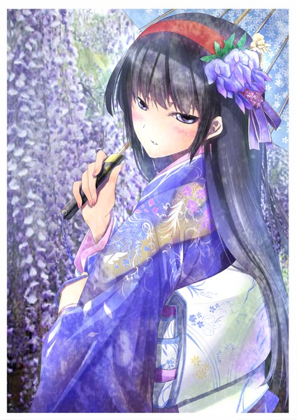 Anime picture 620x876 with original kyougoku touya single long hair tall image blush fringe black hair purple eyes traditional clothes japanese clothes looking back hair flower from behind girl hair ornament flower (flowers) umbrella obi yukata