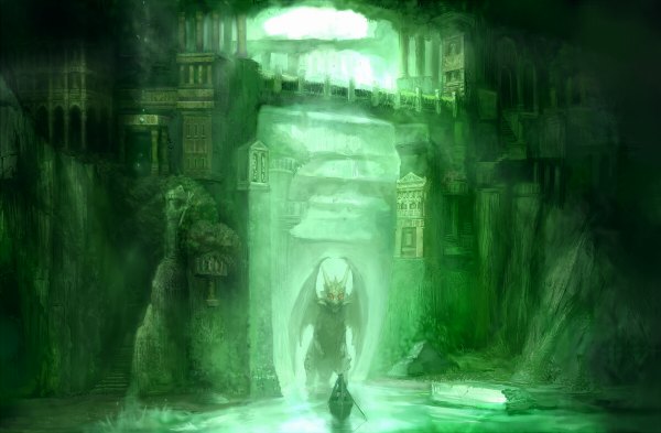 Anime picture 1200x786 with vocaloid hatsune miku anio aniyama (artist) red eyes standing twintails back cityscape green background girl wings water dragon bridge watercraft boat