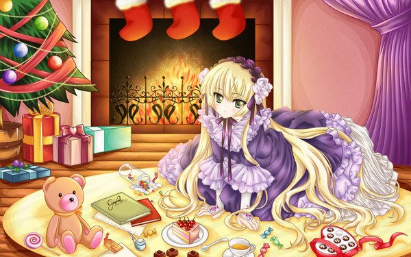 Anime picture 1920x1200 with gosick studio bones victorique de blois single long hair looking at viewer blush highres blonde hair wide image green eyes loli christmas merry christmas girl dress food hairband sweets gift