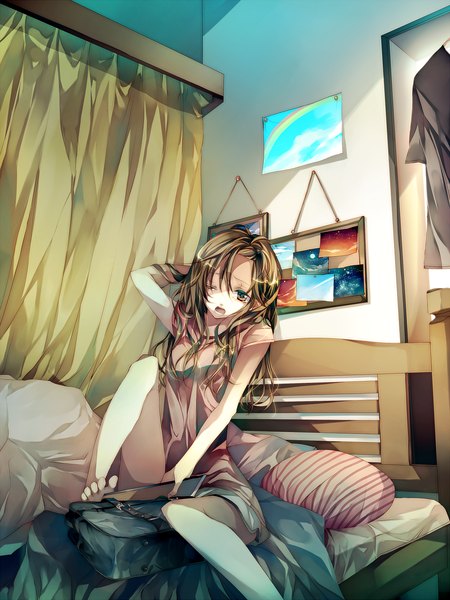 Anime picture 1200x1600 with tsukioka tsukiho long hair tall image open mouth brown hair brown eyes yellow eyes one eye closed barefoot wink tears waking up girl pillow bed bag