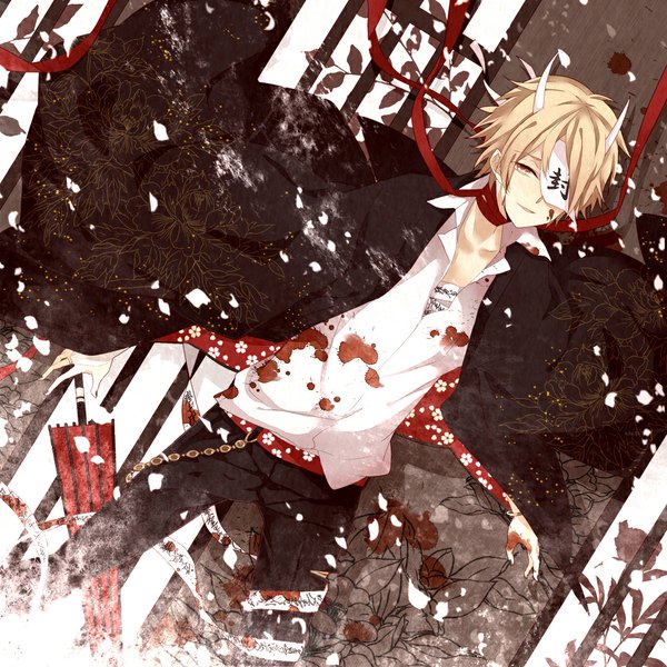 Anime picture 1000x1000 with natsume yuujinchou brains base (studio) natsume takashi moco 315 single short hair blonde hair brown eyes horn (horns) wind inscription spread arms partially open clothes boy uniform flower (flowers) ribbon (ribbons) plant (plants) school uniform shirt