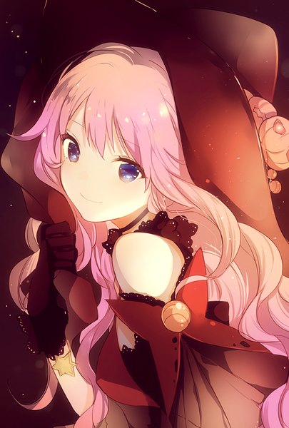 Anime picture 600x888 with original lpip single long hair tall image looking at viewer breasts blue eyes blonde hair simple background smile bare shoulders pink hair ahoge upper body multicolored hair wide sleeves dark background gradient hair halloween