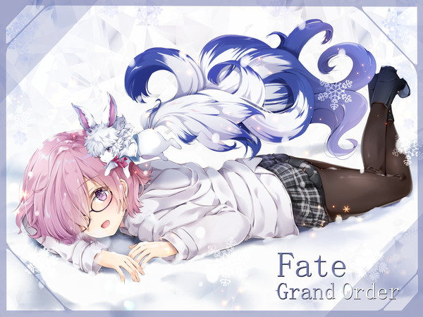 Anime picture 1378x1034 with fate (series) fate/grand order mash kyrielight fou (fate) yoshida iyo single looking at viewer blush fringe short hair open mouth light erotic purple eyes pink hair full body tail lying long sleeves hair over one eye copyright name