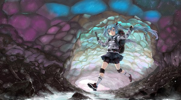 Anime picture 1366x759 with vocaloid hatsune miku north abyssor single long hair open mouth wide image twintails aqua eyes aqua hair girl skirt gloves hair ornament socks shoes jacket fingerless gloves white socks leggings