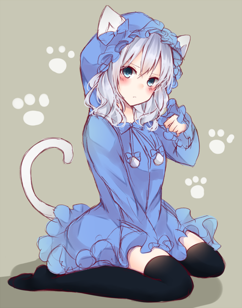 Anime picture 900x1143 with original nanase eka single long hair tall image looking at viewer blush fringe blue eyes simple background hair between eyes sitting animal ears payot silver hair full body tail long sleeves head tilt animal tail