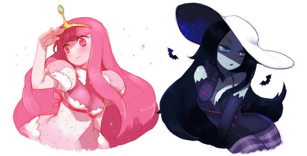 Anime picture 1388x708 with adventure time marceline (adventure time) princess bubblegum (adventure time) gwayom long hair blush open mouth blue eyes black hair simple background wide image white background multiple girls pink hair pink eyes puffy sleeves girl thighhighs dress gloves
