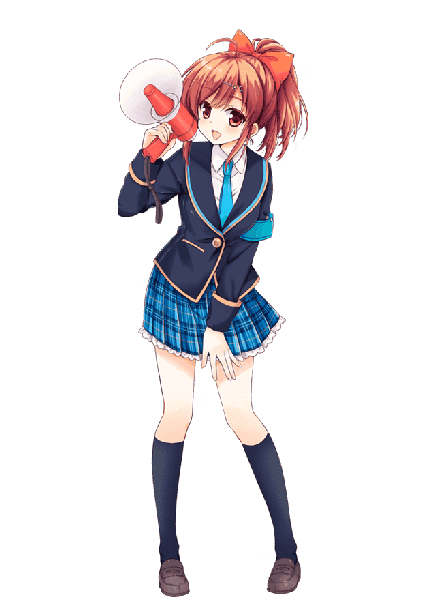 Anime picture 640x880 with girlfriend (kari) sakurai akane (girlfriend) qp:flapper single tall image looking at viewer blush short hair open mouth red eyes brown hair full body ahoge ponytail official art transparent background girl uniform hair ornament bow