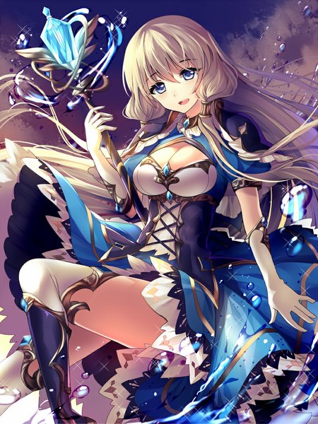 Anime picture 800x1066 with bison cangshu single long hair tall image looking at viewer breasts open mouth blue eyes blonde hair magic girl dress gloves water staff crystal
