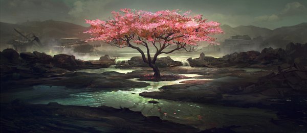 Anime picture 1482x646 with original mitchell mohrhauser (artist) wide image shadow cherry blossoms no people river ruins flower (flowers) plant (plants) petals tree (trees)