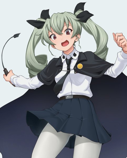 Anime picture 954x1184 with girls und panzer anchovy (girls und panzer) aya shachou single long hair tall image looking at viewer blush open mouth simple background hair between eyes twintails holding brown eyes grey hair grey background from below drill hair spread arms girl