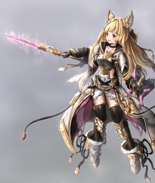 Anime picture 1975x2339 with granblue fantasy yuisis (granblue fantasy) wakaura asaho single long hair tall image fringe highres open mouth blonde hair simple background purple eyes holding animal ears full body blunt bangs braid (braids) :d grey background glowing weapon