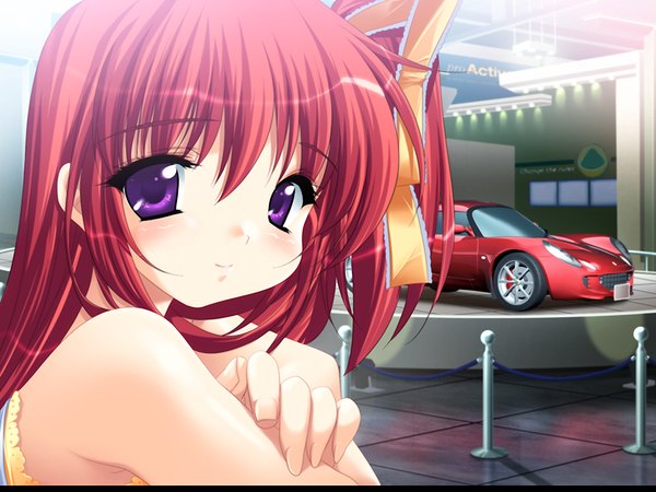 Anime picture 1024x768 with moero downhill night 2 asahina rinka emily (pure dream) single long hair looking at viewer fringe hair between eyes purple eyes game cg upper body red hair one side up girl ribbon (ribbons) hair ribbon ground vehicle car