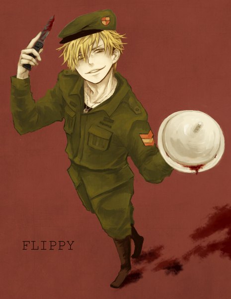 Anime picture 1395x1800 with happy tree friends flippy single tall image looking at viewer short hair blonde hair smile yellow eyes from above inscription brown background personification boy uniform weapon pendant blood beret military uniform