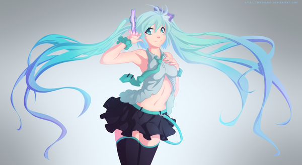 Anime picture 1800x984 with vocaloid hatsune miku zeroooart single highres simple background smile wide image pleated skirt multicolored hair aqua eyes aqua hair armpit (armpits) coloring girl thighhighs black thighhighs