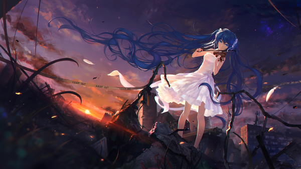 Anime picture 1920x1080 with vocaloid hatsune miku sombernight single looking at viewer highres blue eyes wide image twintails blue hair sky cloud (clouds) very long hair dutch angle evening sunset playing instrument girl feather (feathers) sundress