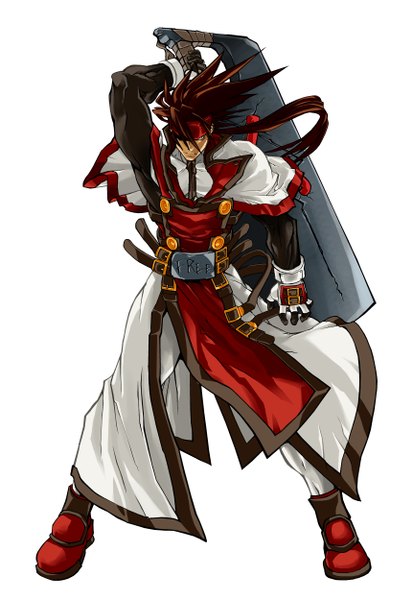 Anime picture 1724x2500 with guilty gear sol badguy single long hair tall image highres simple background red eyes brown hair white background boy weapon suit bandana huge weapon order sol