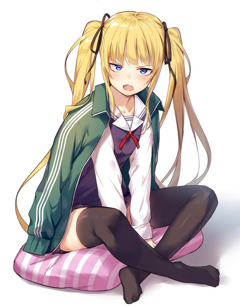 Anime picture 1176x1500 with saenai heroine no sodatekata a-1 pictures sawamura spencer eriri alexmaster single long hair tall image looking at viewer blush fringe open mouth blue eyes blonde hair simple background white background sitting payot full body bent knee (knees) pleated skirt
